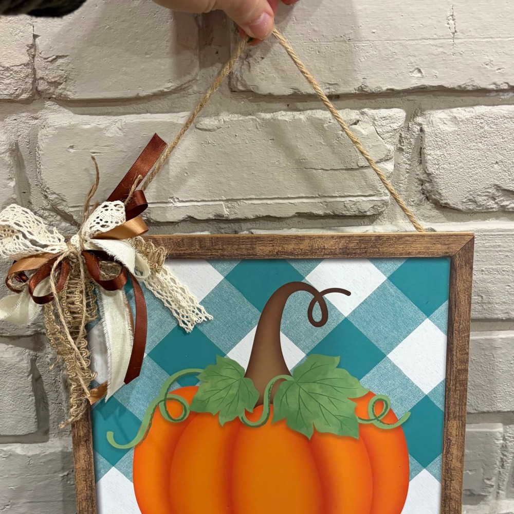 Fall Pumpkin Teal Buffalo Plaid Wall Sign Rustic Faux Wood Frame Decor Bow - Picture 4 of 4